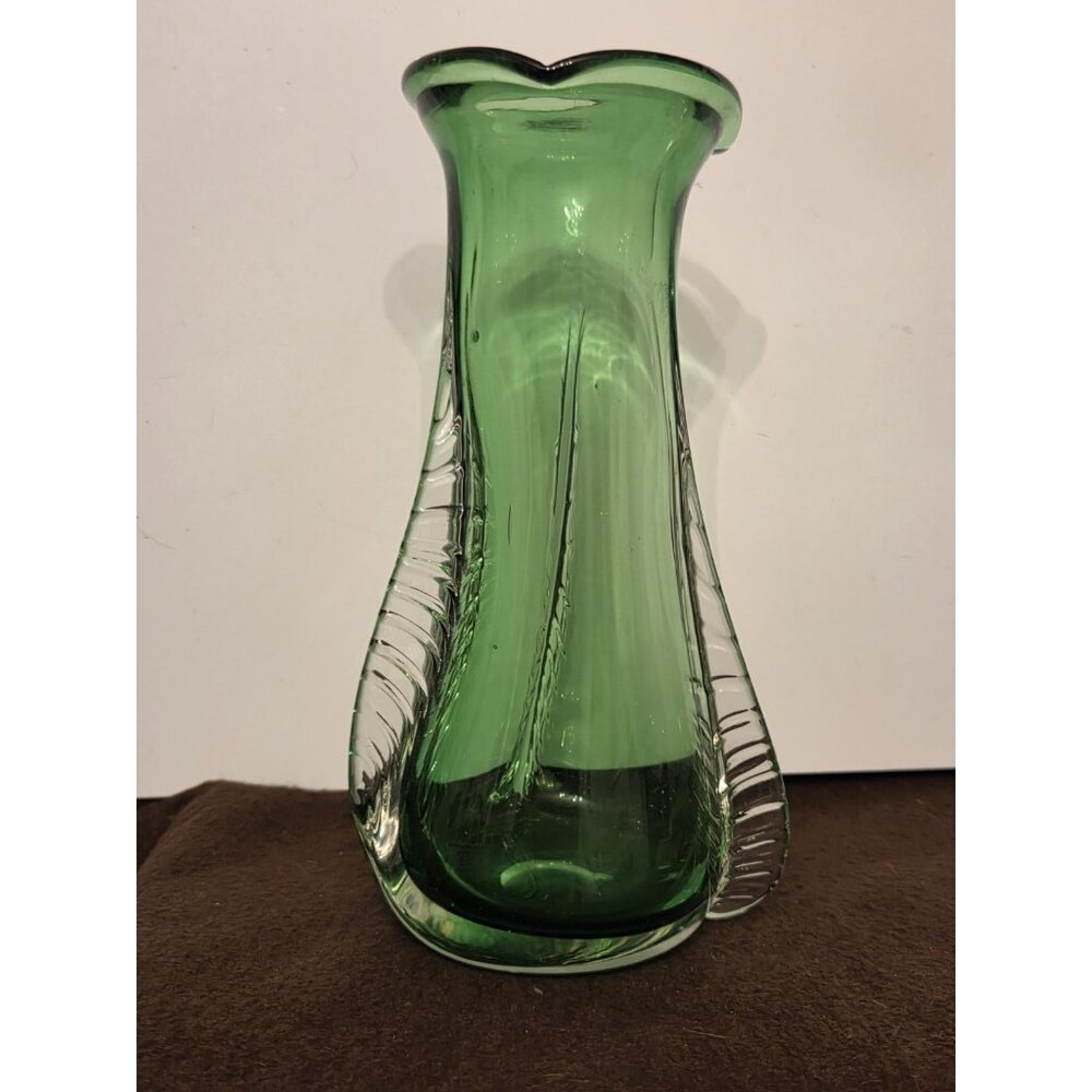 Vintage‎ Handcrafted Green Art Glass Vase 8.5” with Clear Trim Hand Blown